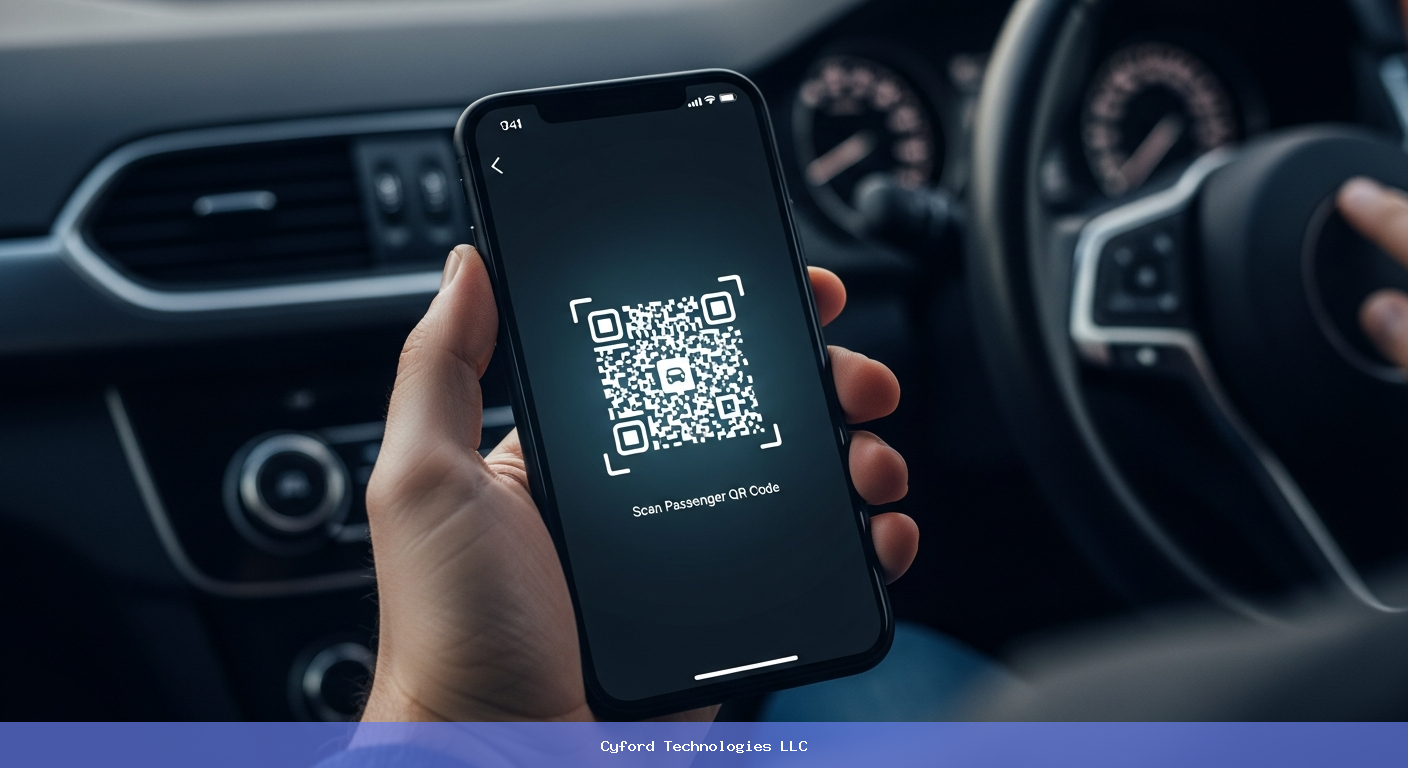 rideshare driver scanning qr code mobile app interface modern technology dark mode interior